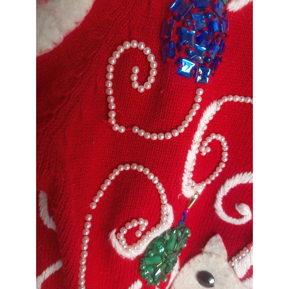 Vtg Michael Simon Red Reindeer Christmas Sweater Cardigan Beaded Wearable Art S - Picture 4 of 7